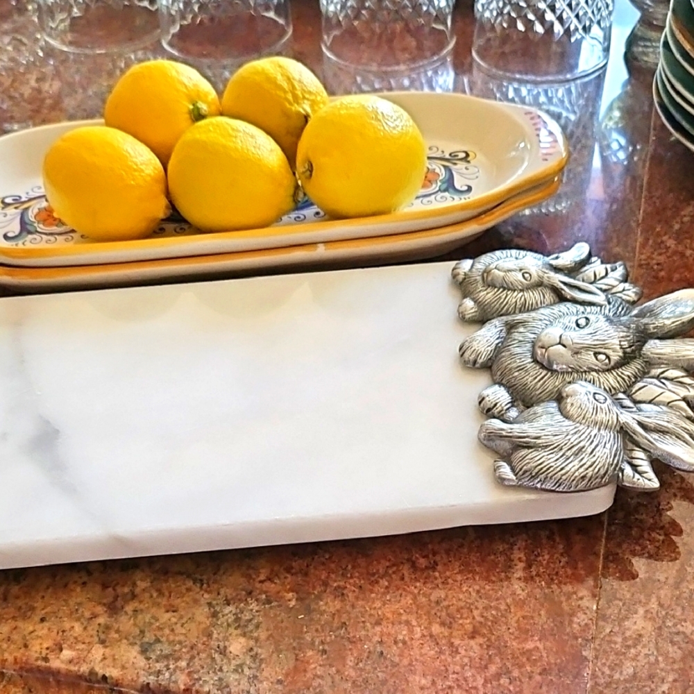 White Marble Cheese Board with Arthur Court Bunny Accents. Bunnies like Cheese.